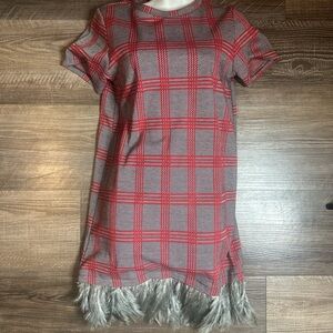 Zara Red and Gray Plaid Dress with Faux Fur Hem